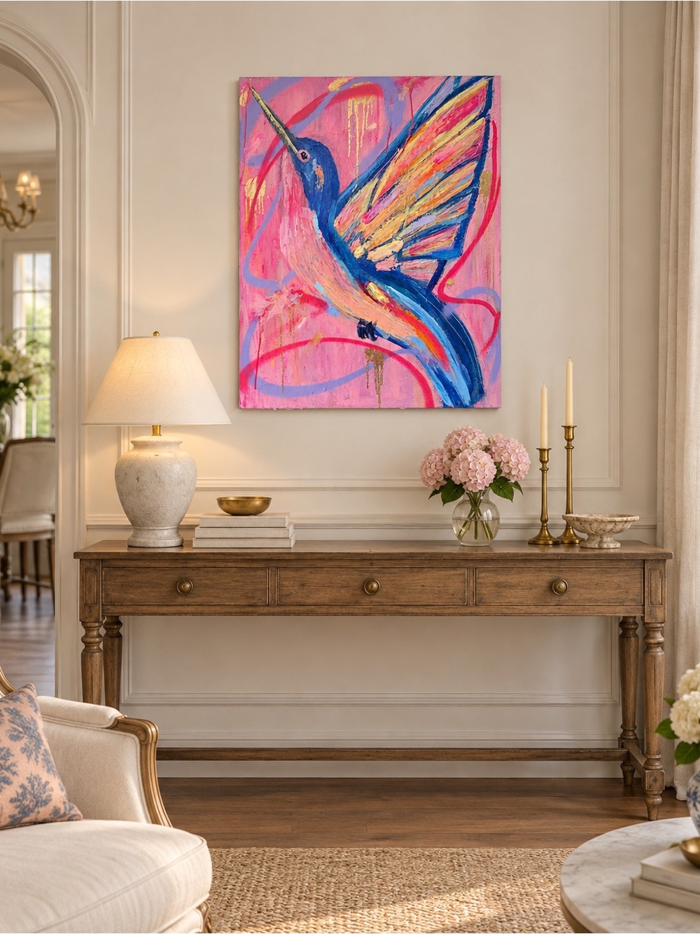 Original Hummingbird Painting Pink Blue Gold Colorful Bird Wall Art